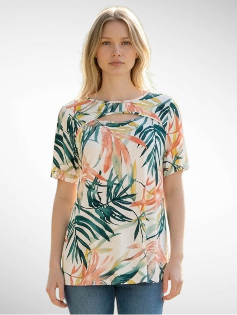 Chico’s Tropical Print Pullover Top Cutout Front Short Sleeves